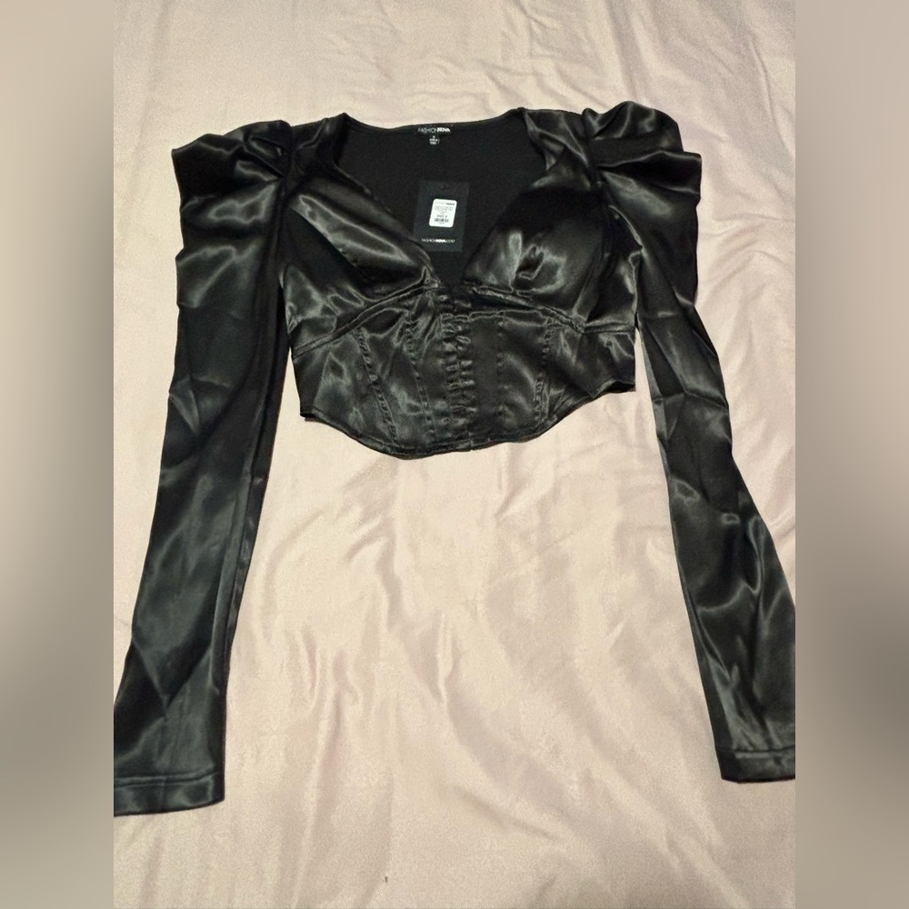 Black Satin Long Sleeve Corset Crop Top